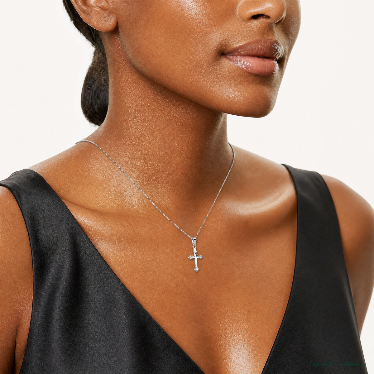 Sterling Silver Budded Cross Charm - Model Shot