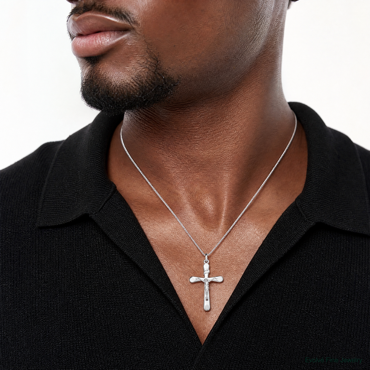 Sterling Silver Platinum-plated INRI Crucifix Pendant - Model Shot