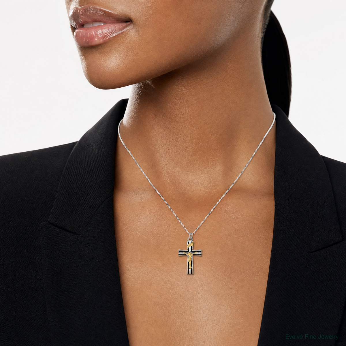Sterling Silver Platinum-plated Gold-tone INRI Crucifix Charm - Model Shot