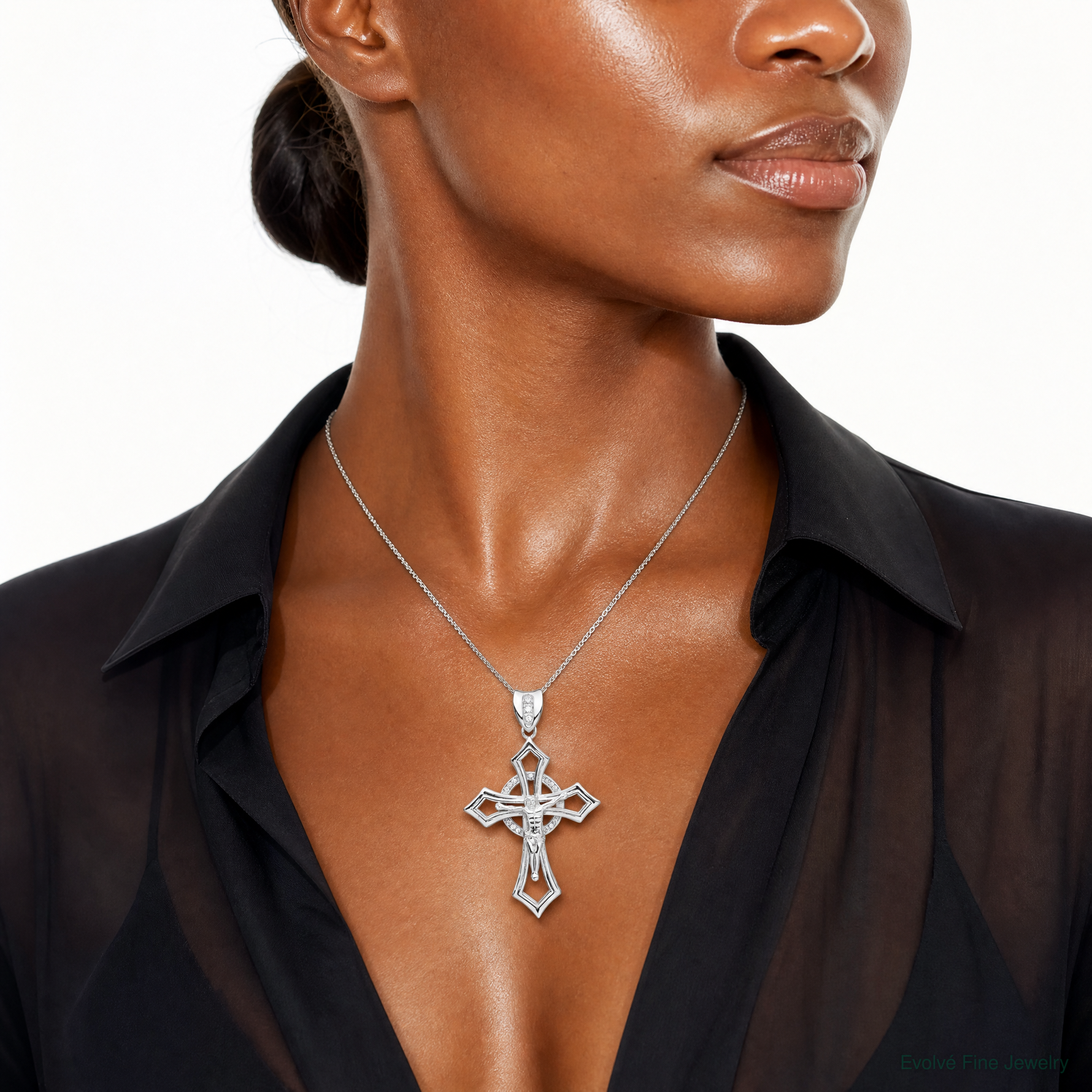 Sterling Silver Rhodium-plated CZ Crucifix Pendant - Model Shot