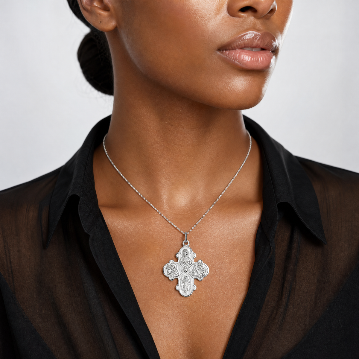 Sterling Silver Platinum-plated Satin 4-way Medal - Model Shot