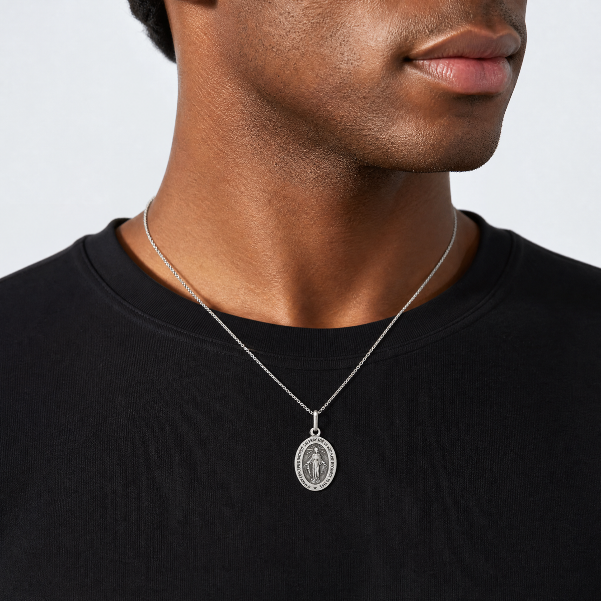 Sterling Silver Antiqued Miraculous Medal - Model Shot