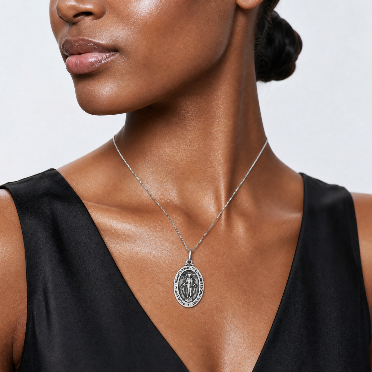 Sterling Silver Antiqued Miraculous Medal - Model Shot