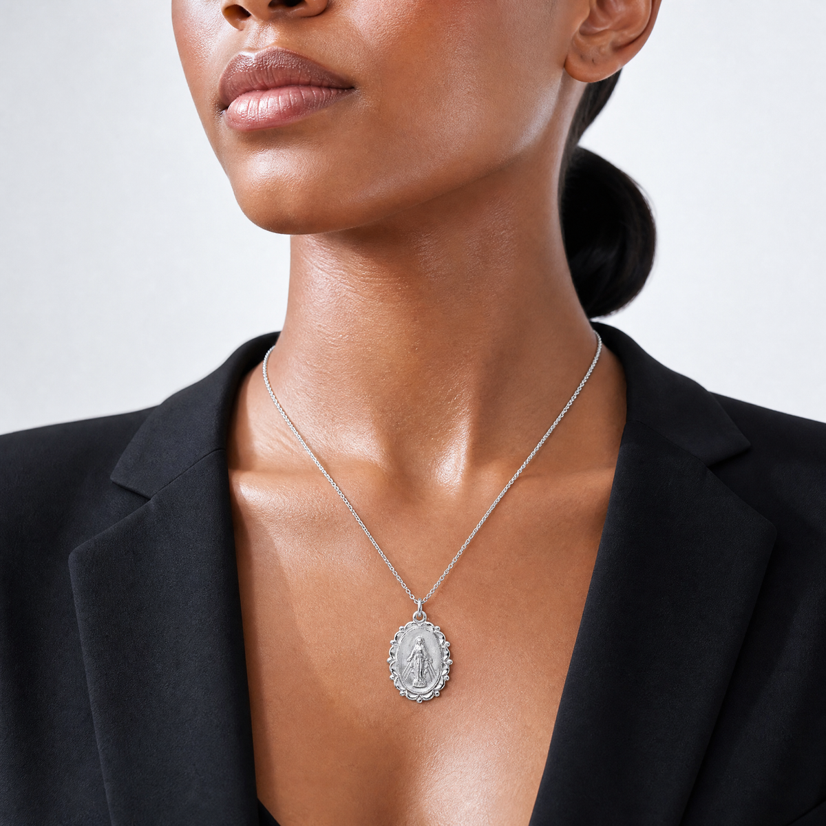 Sterling Silver Platinum-plated Miraculous Medal - Model Shot