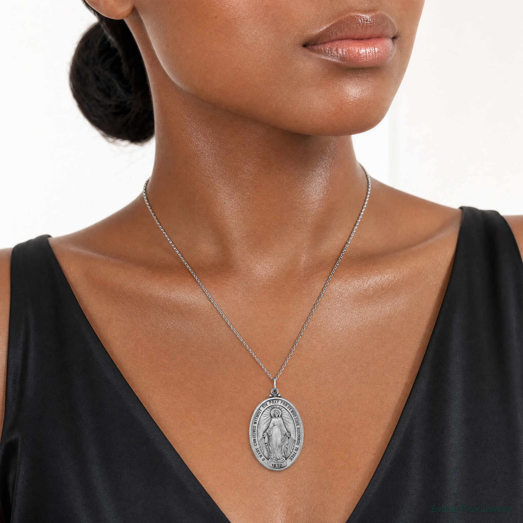 Sterling Silver Antiqued Miraculous Medal - Model Shot