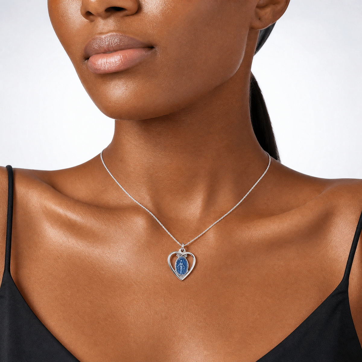Sterling Silver Platinum-plated Miraculous Heart Medal - Model Shot