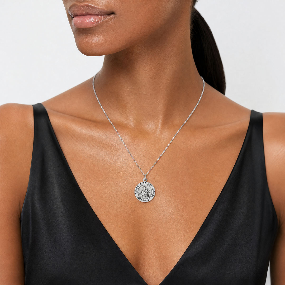 Sterling Silver Antiqued Queen of the Holy Scapular Medal - Model Shot