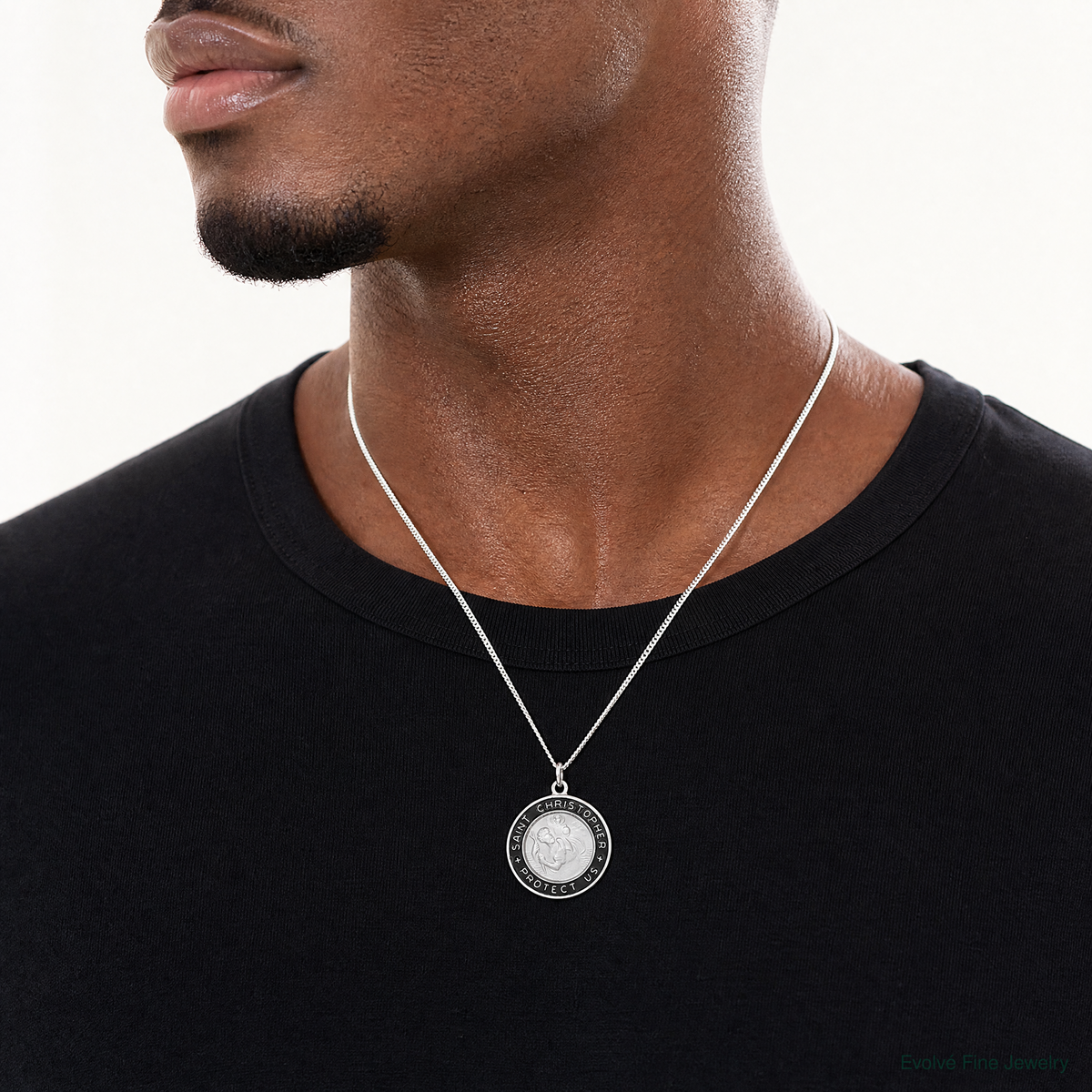 Sterling Silver Platinum-plated Enameled St. Christopher Medal - Model Shot