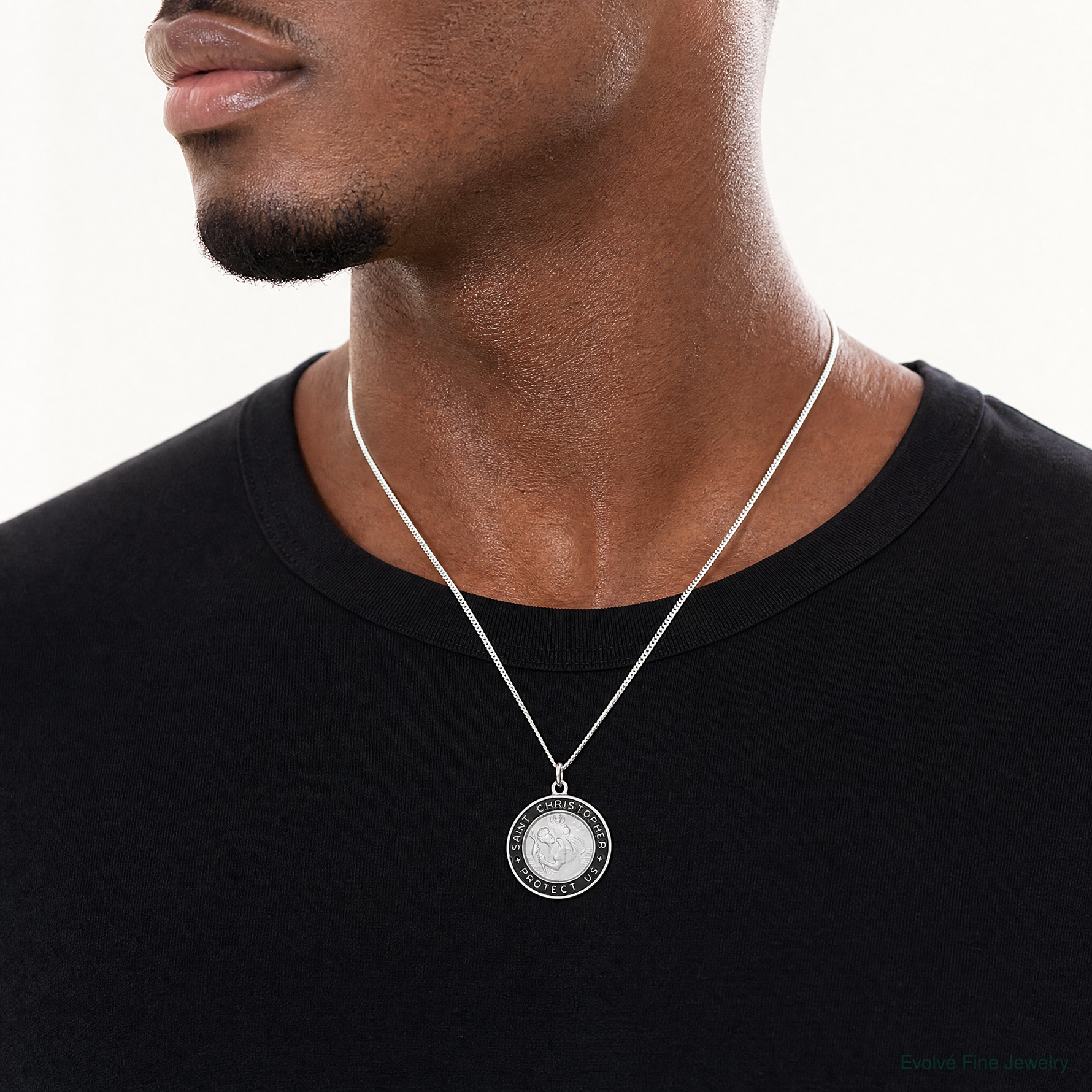 Sterling Silver Platinum-plated Enameled St. Christopher Medal - Model Shot