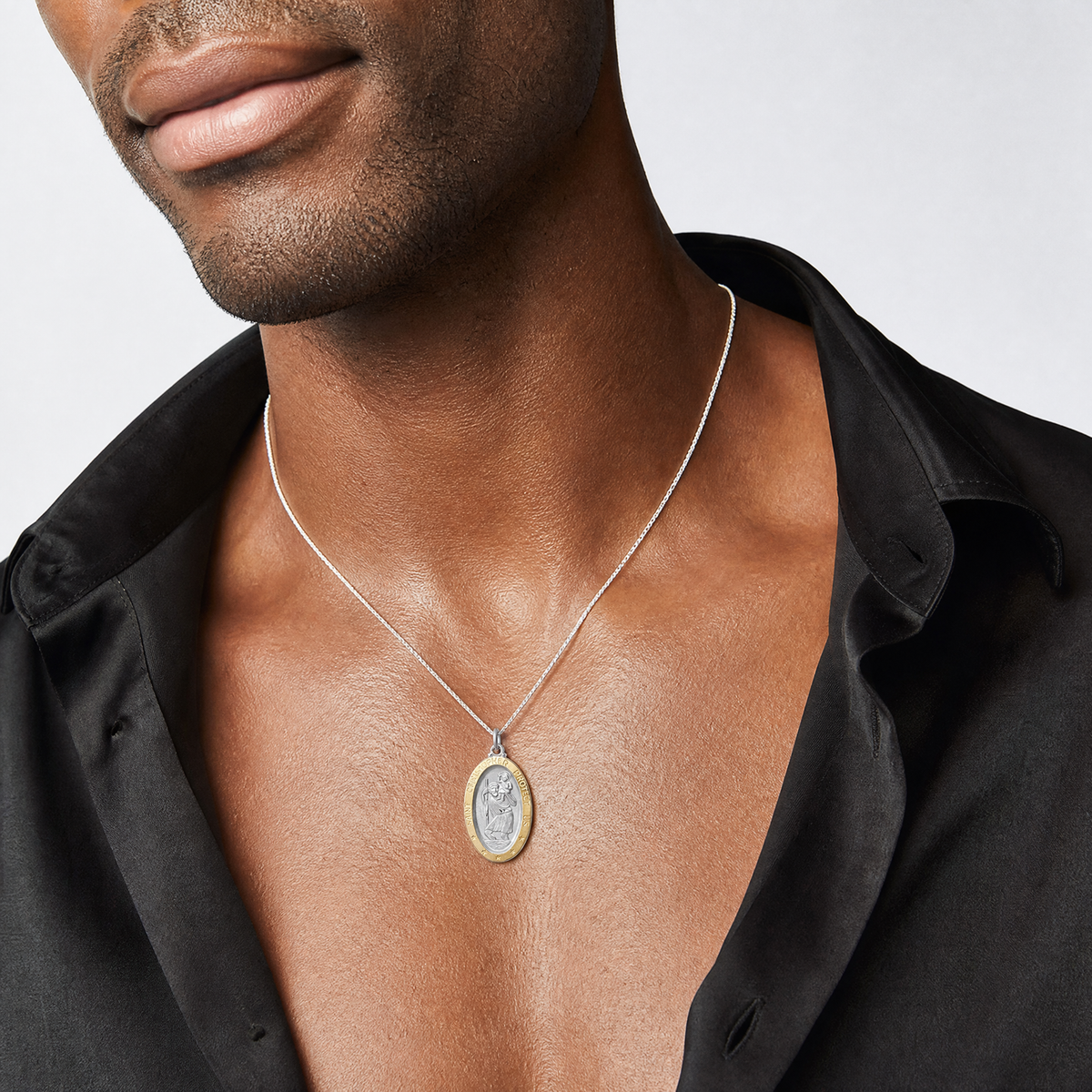 Sterling Silver Platinum-plated & Vermeil St. Christopher Medal - Model Shot