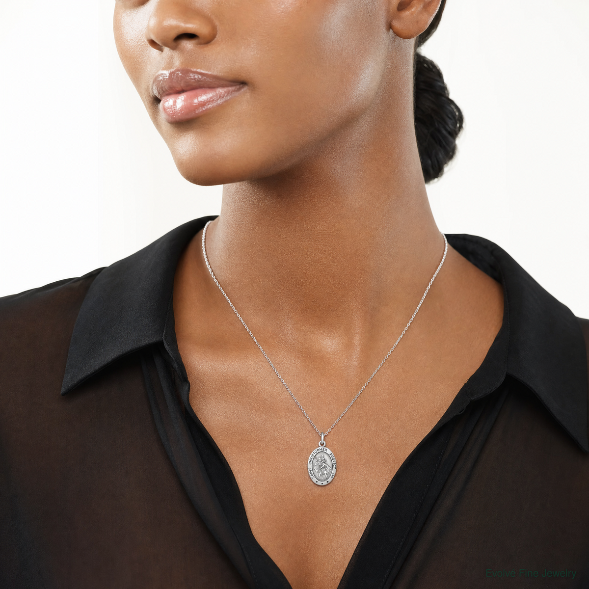 Sterling Silver Antiqued St. Christopher Medal - Model Shot