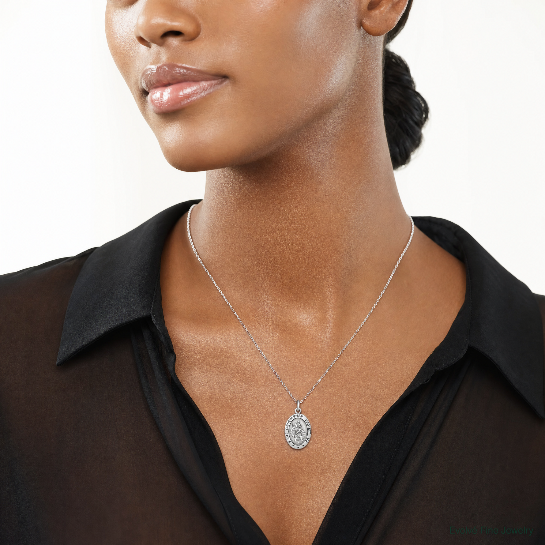 Sterling Silver Antiqued St. Christopher Medal - Model Shot