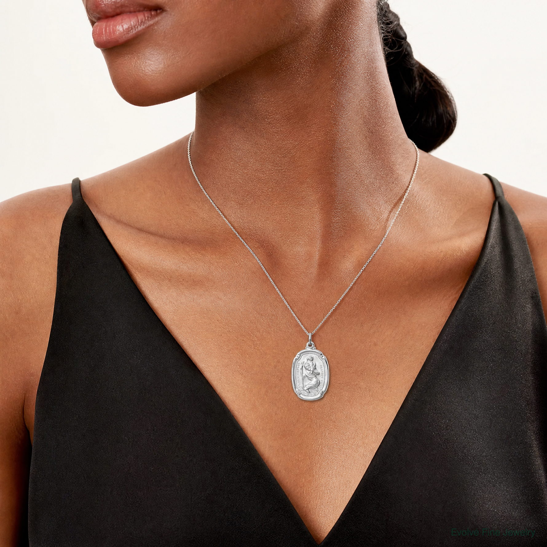 Sterling Silver Platinum-plated St. Christopher Medal - Model Shot