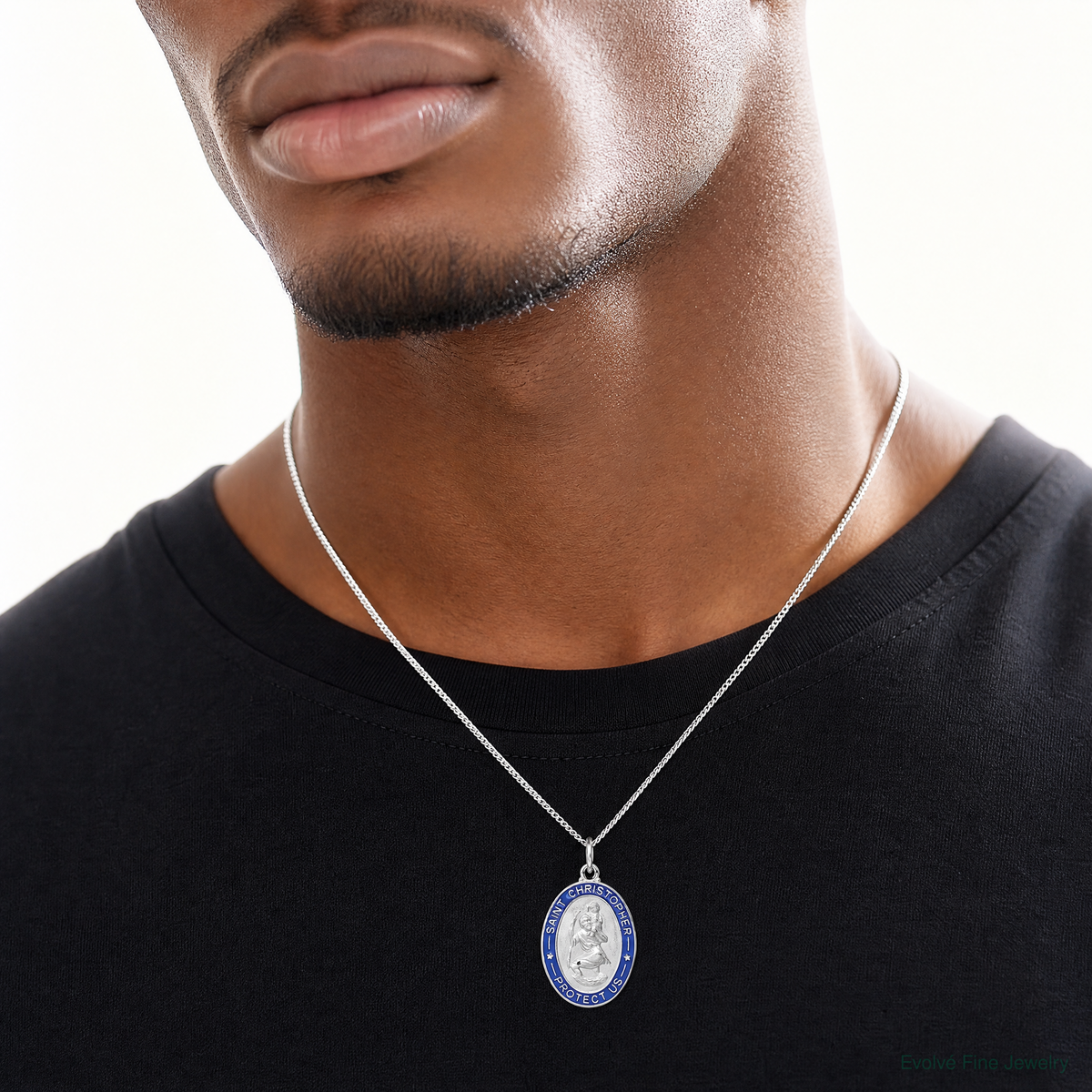 Sterling Silver Platinum-plated Enameled St. Christopher Medal - Model Shot