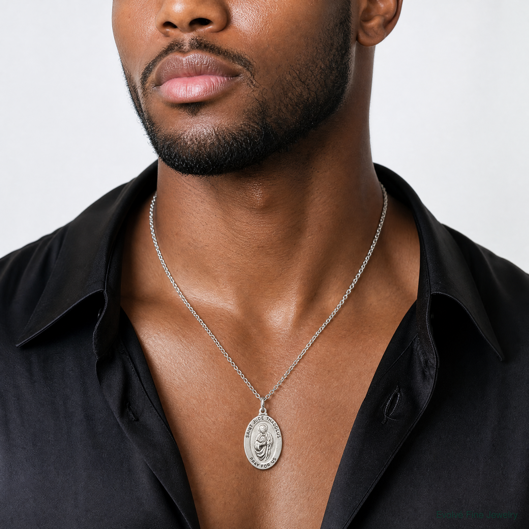 Sterling Silver Antiqued Saint Jude Thaddeus Medal - Model Shot