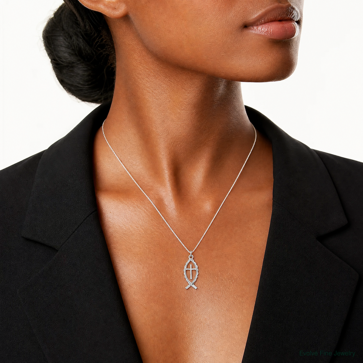 Sterling Silver Platinum-plated Ichthus Fish Charm - Model Shot