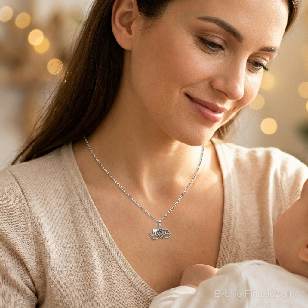 Sterling Silver Antiqued Mom Charm - Model Shot