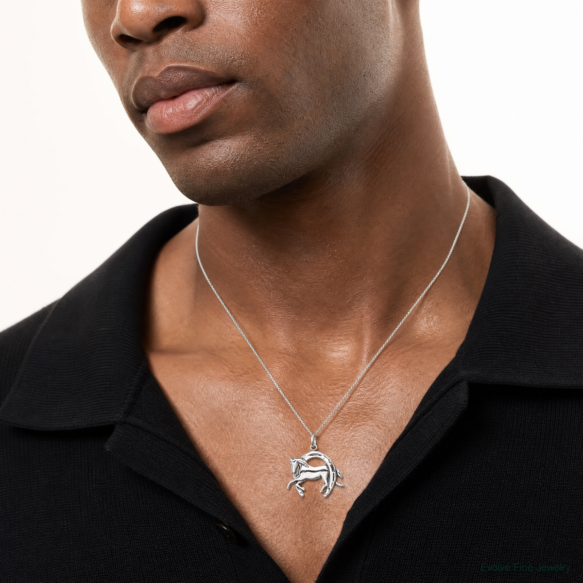 Sterling Silver Antiqued Horse in Horseshoe Charm - Model Shot