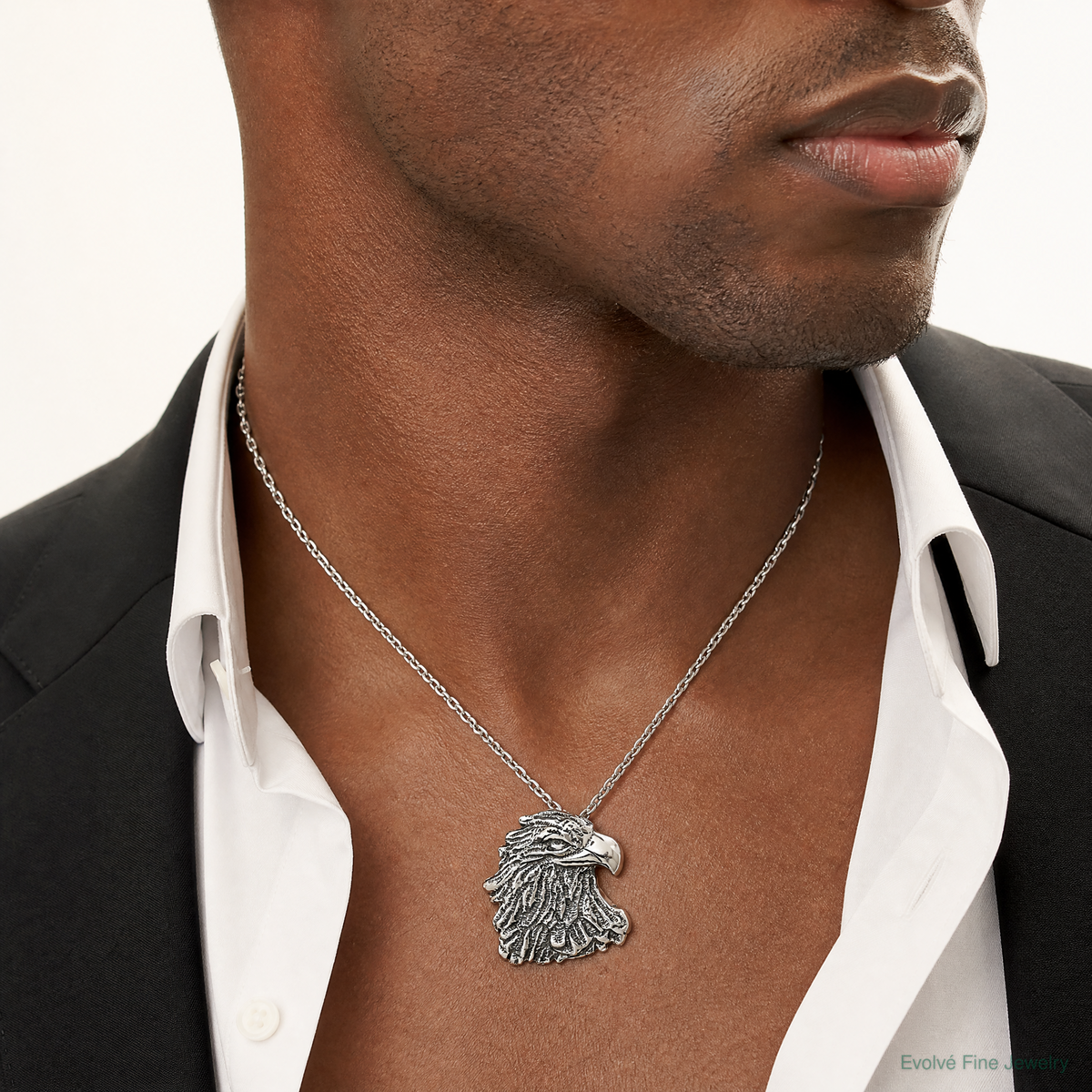 Sterling Silver Antiqued Eagle Head Pendant - Model Shot