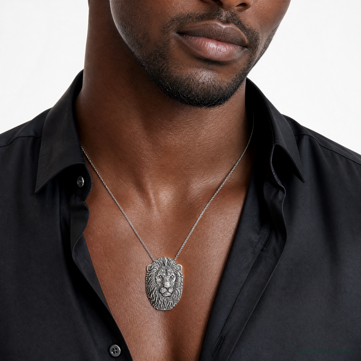 Sterling Silver Antiqued Lion Head Pendant - Model Shot