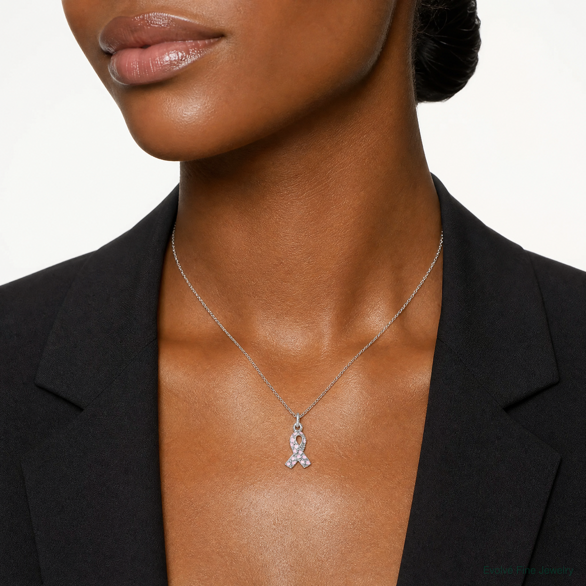 Sterling Silver Rhodium-plated Enameled Pink Ribbon Charm - Model Shot