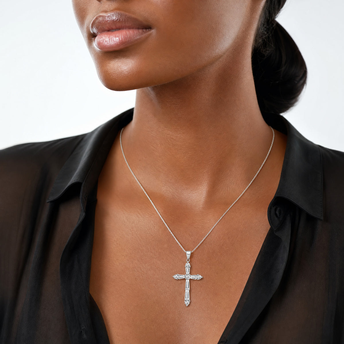 Sterling Silver Rhodium-plated CZ Cross Pendant - Model Shot