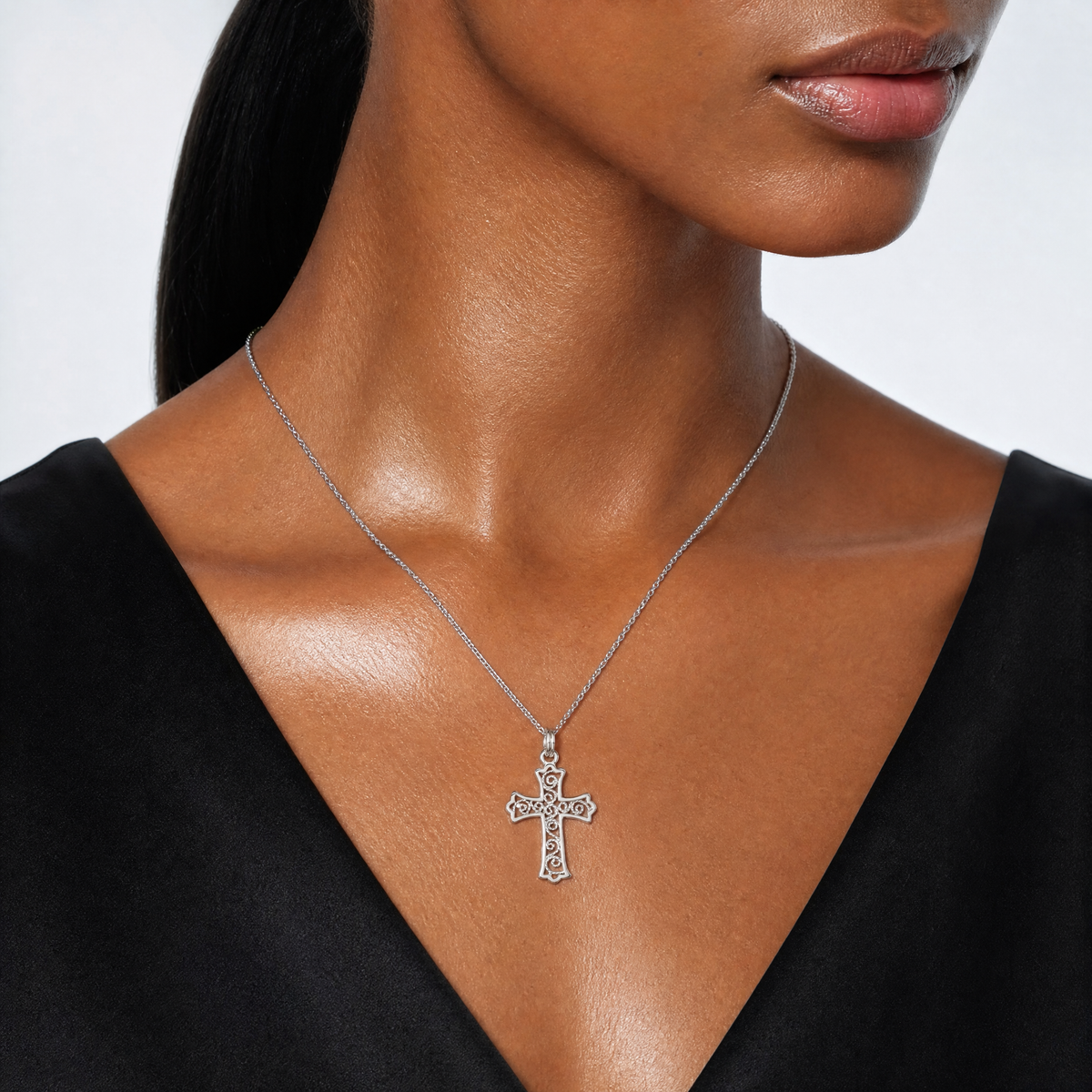 Sterling Silver Rhodium-plated Filigree Cross Charm - Model Shot
