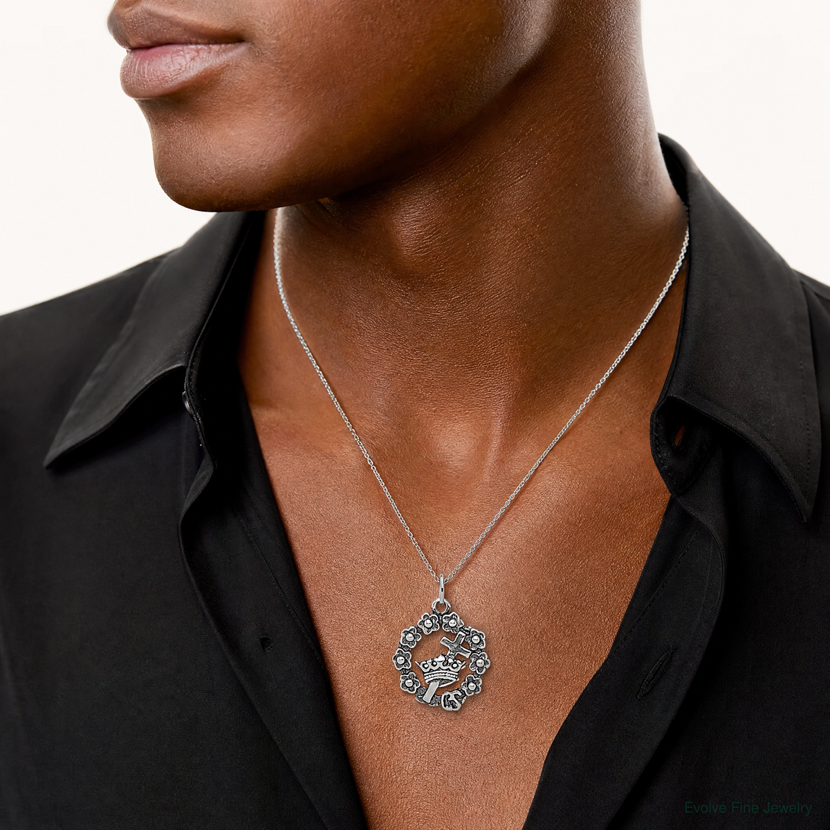 Sterling Silver Antiqued Cross, Crown & Wreath Charm - Model Shot