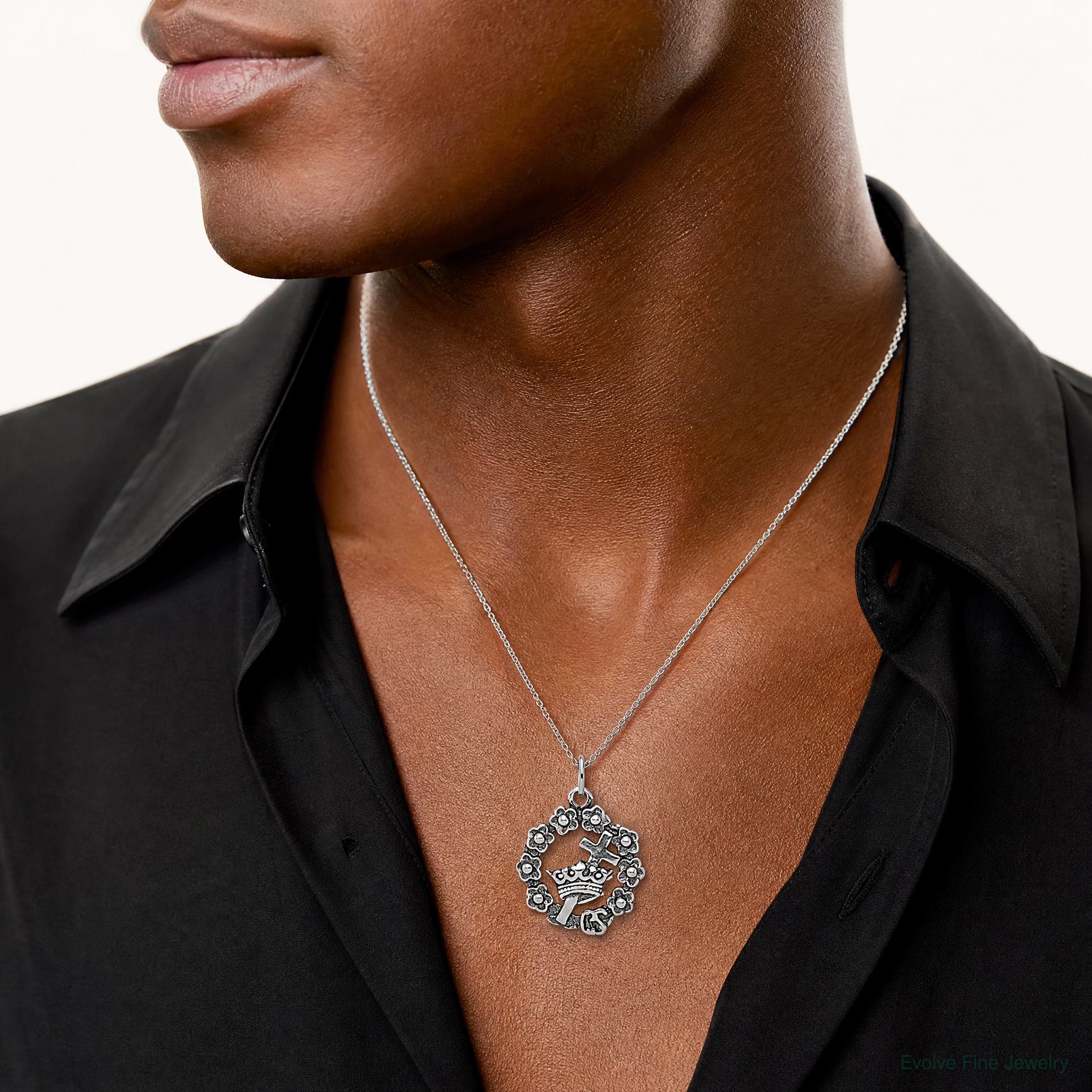 Sterling Silver Antiqued Cross, Crown & Wreath Charm - Model Shot