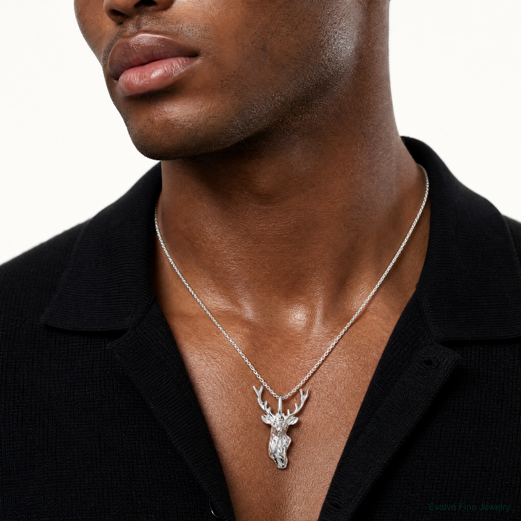 Sterling Silver Diamond Cut Deer Head Pendant - Model Shot