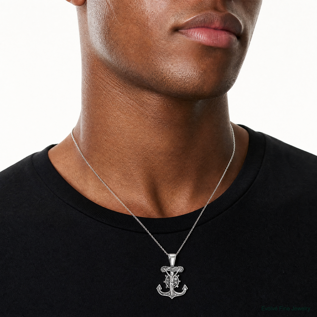 Sterling Silver Antiqued Mariner's Crucifix Pendant - Model Shot