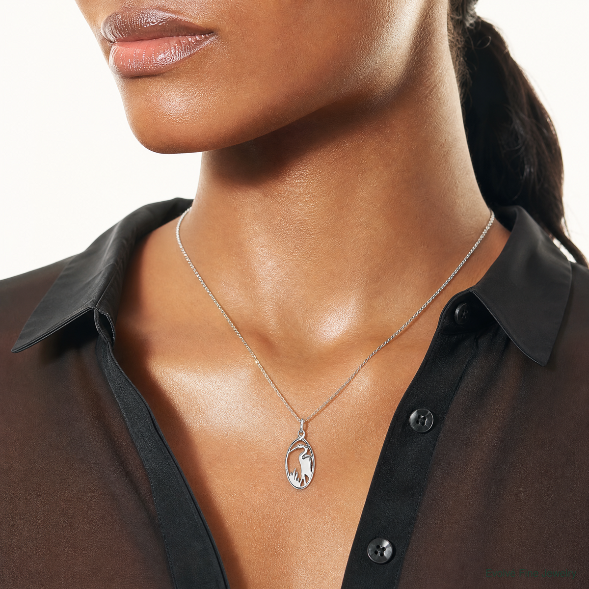 Sterling Silver Antiqued Crane in Oval Frame Charm - Model Shot