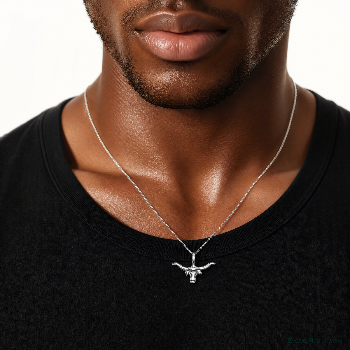 Sterling Silver Bull with Horns Pendant - Model Shot