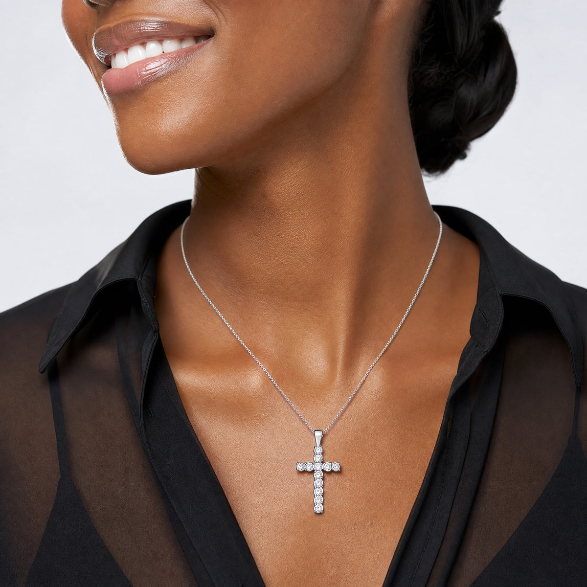 Sterling Silver Rhodium-plated CZ Latin Cross Pendant - Model Shot