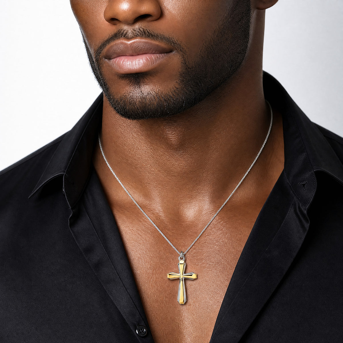 Sterling Silver Platinum-plated & 18k Gold-plated Cross Pendant - Model Shot