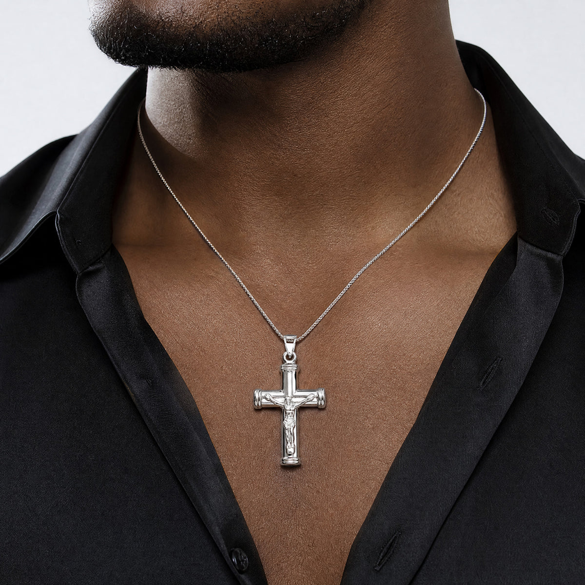 Sterling Silver Rhodium-plated Hollow Latin Crucifix Pendant - Model Shot