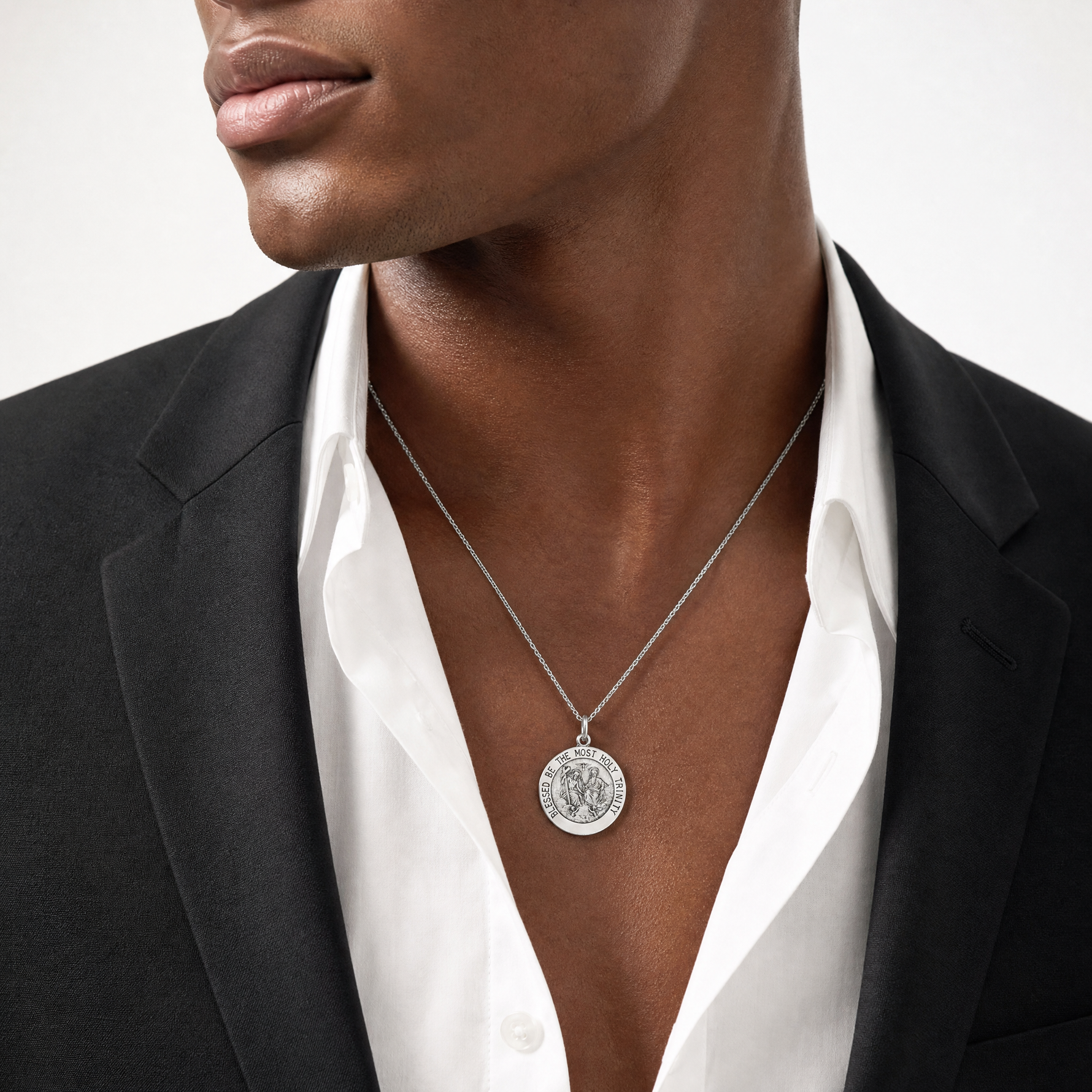 Sterling Silver Antiqued Holy Trinity Medal - Model Shot
