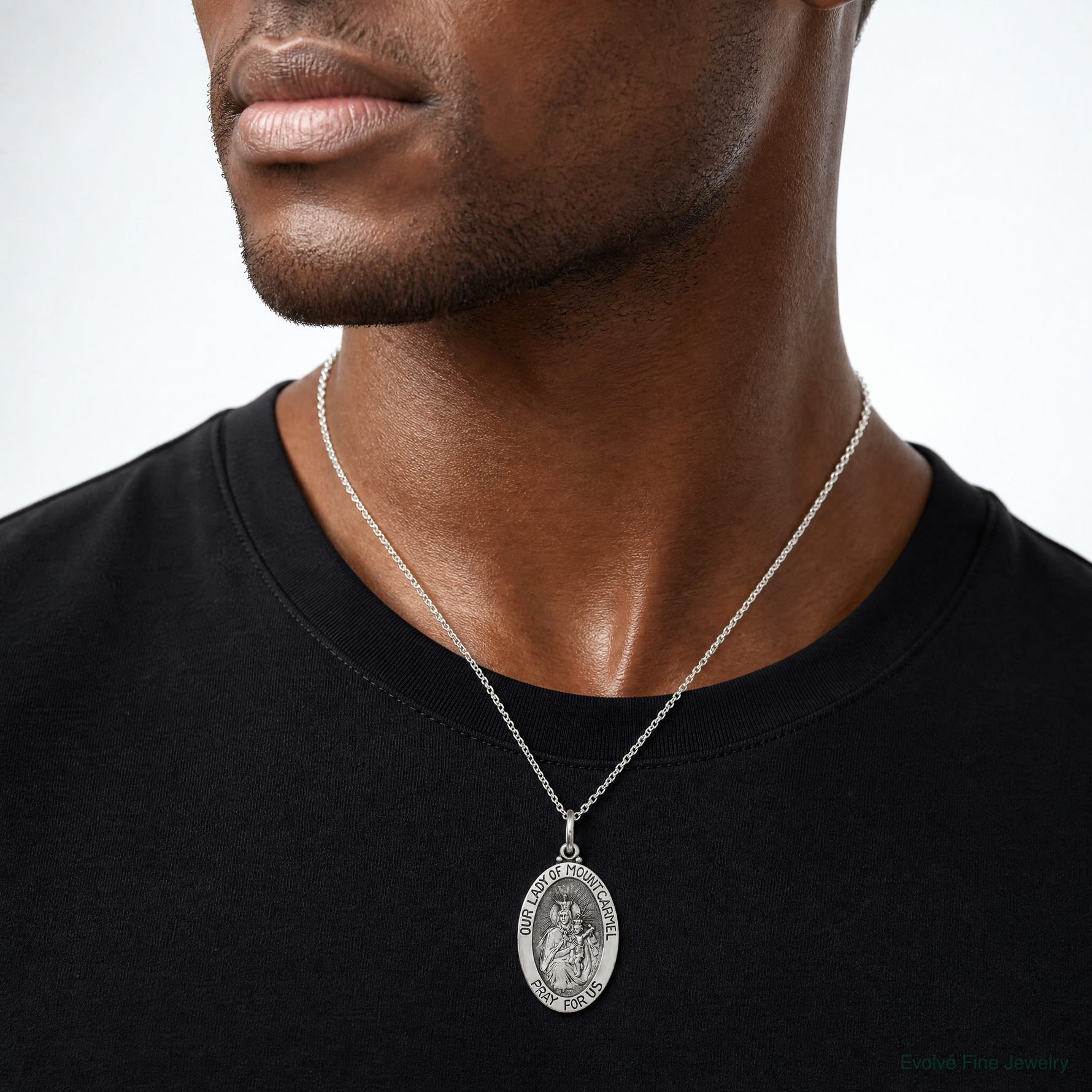 Sterling Silver Antiqued Our Lady of Mount Carmel Medal - Model Shot
