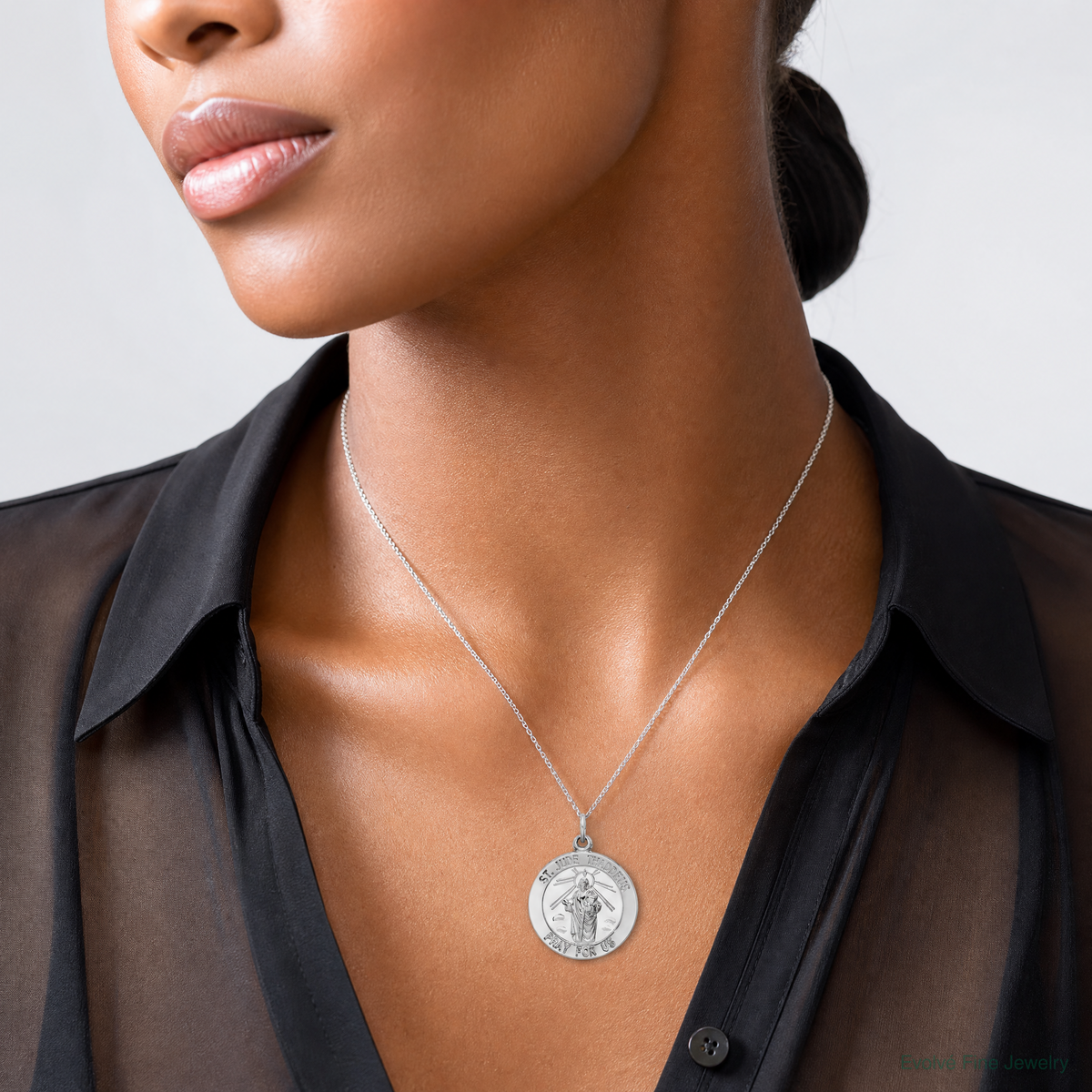 Sterling Silver Rhodium-plated Saint Jude Thaddeus Medal - Model Shot