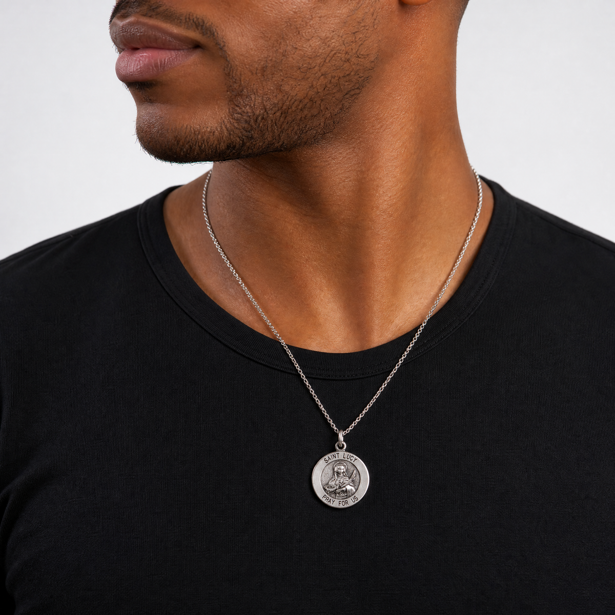 Sterling Silver Antiqued Saint Lucy Medal - Model Shot