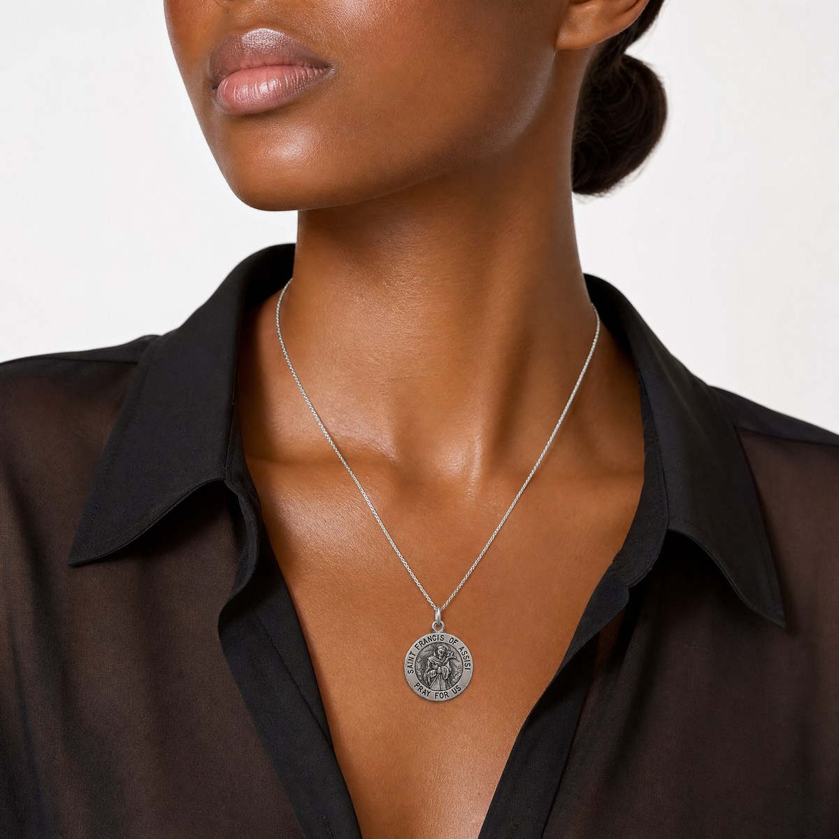 Sterling Silver Antiqued Saint Francis of Assisi Medal - Model Shot