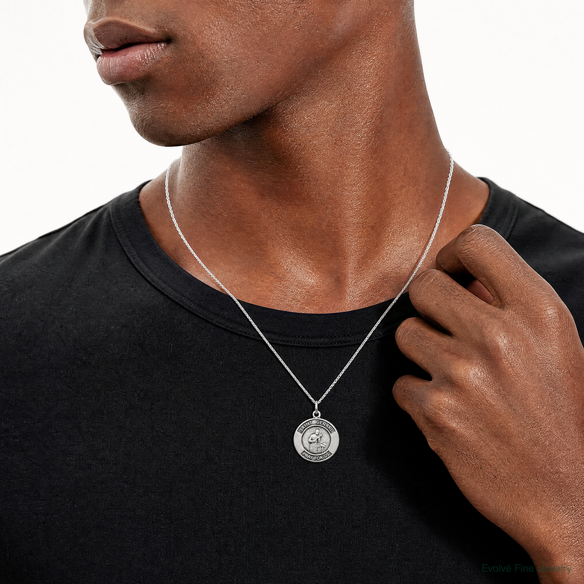 Sterling Silver Antiqued St. Gerard Medal Pendant - Model Shot