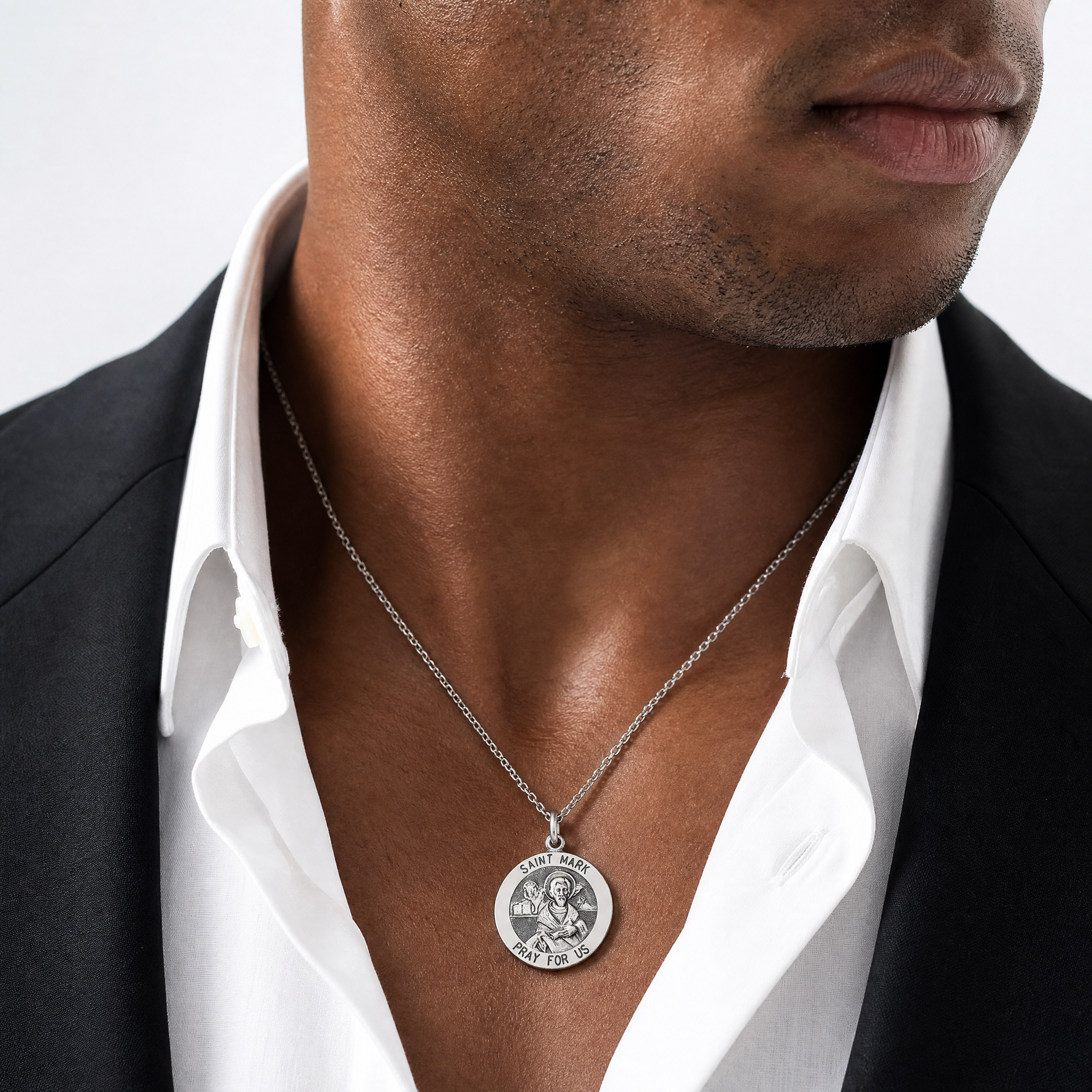 Sterling Silver Antiqued Saint Mark Medal - Model Shot