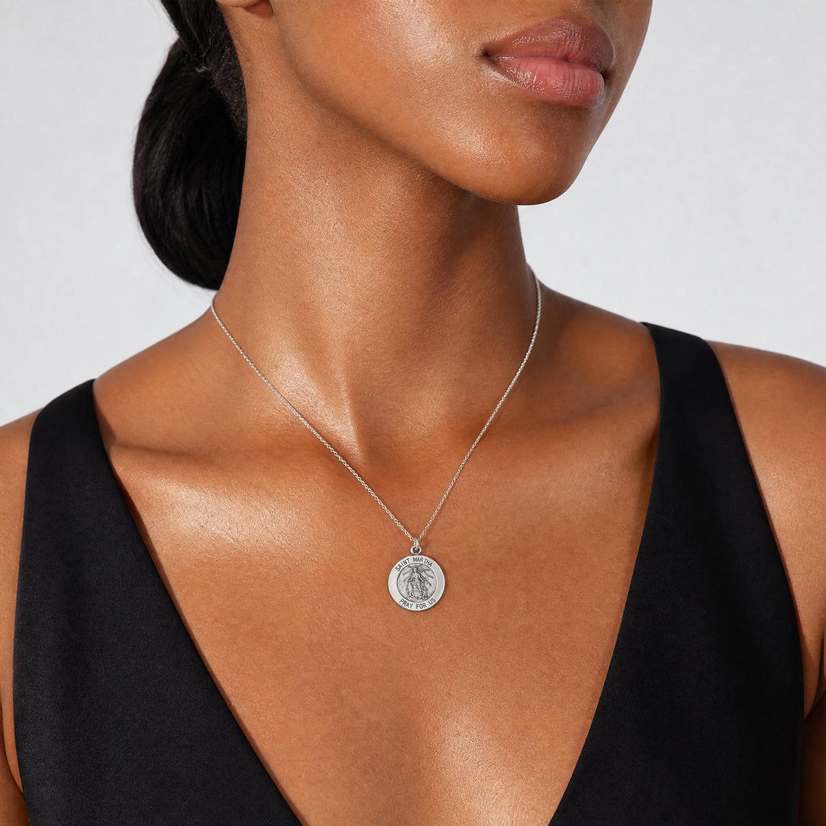 Sterling Silver Antiqued Saint Martha Medal - Model Shot