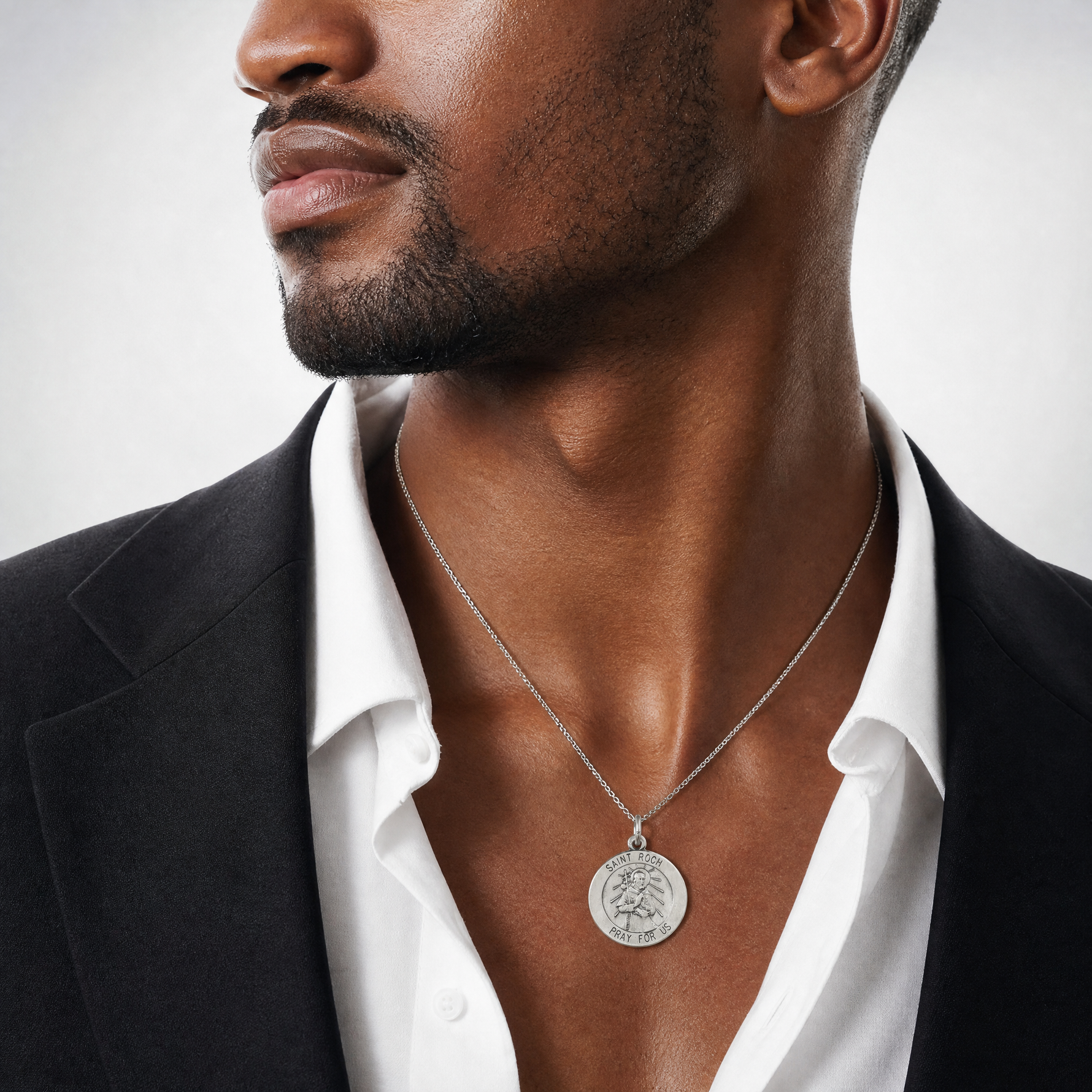 Sterling Silver Antiqued Saint Roch Medal - Model Shot