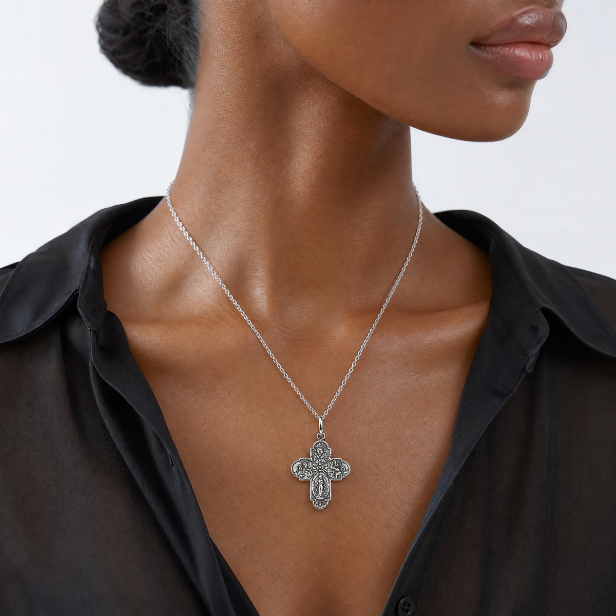 Sterling Silver Antiqued Reversible 4-way Medal - Model Shot