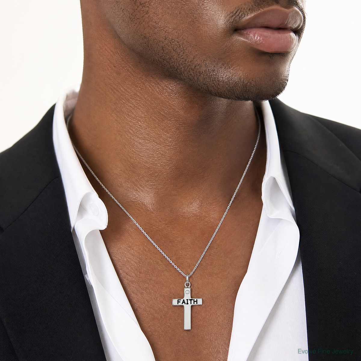 Sterling Silver Rhodium-plated Black Ink FAITH and CZ Antiqued Cross Charm - Model Shot