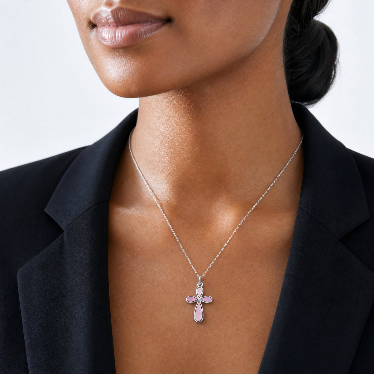 Sterling Silver Rhodium-platedPink Mother of Pearl Cross Pendant - Model Shot