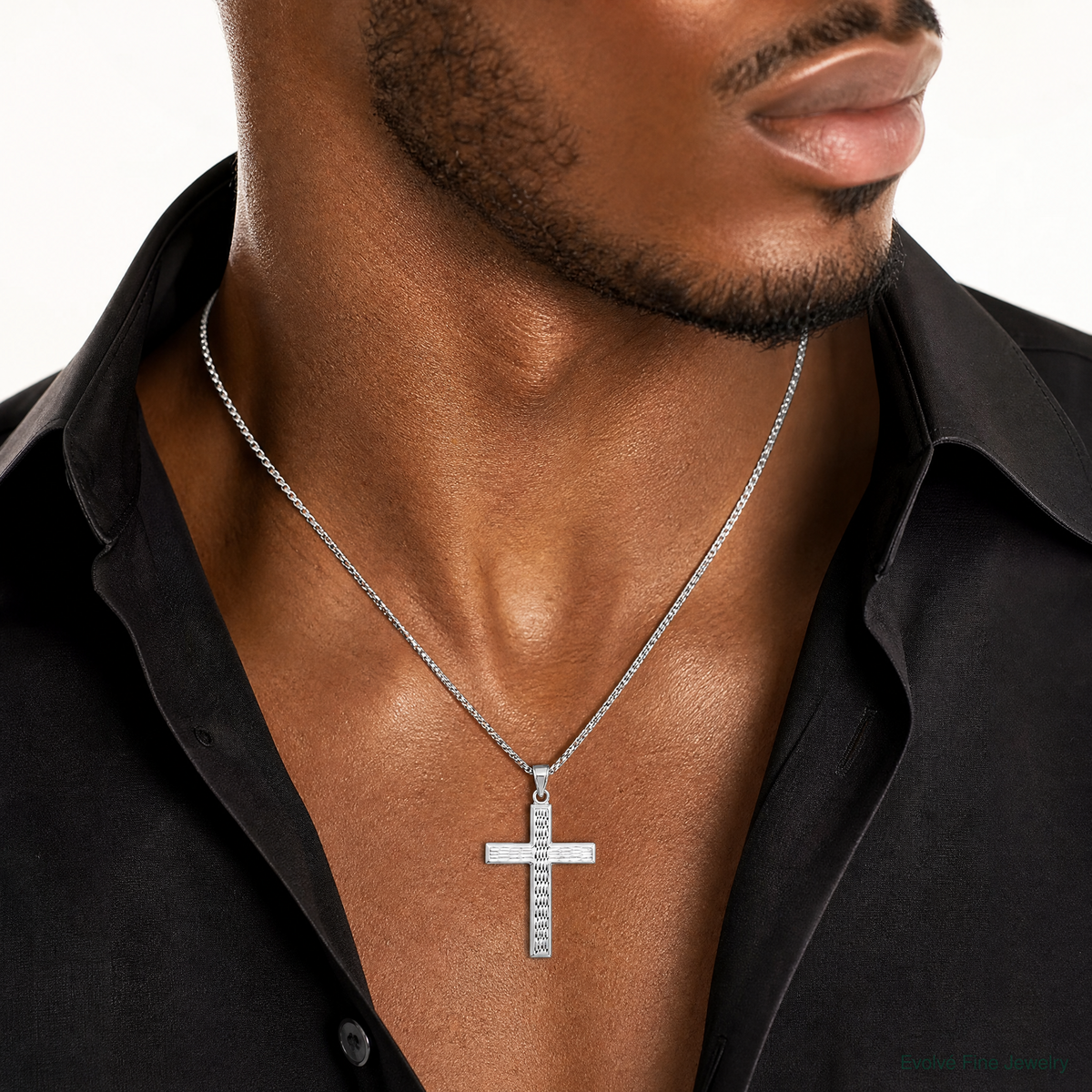 Sterling Silver Rhodium-plated Diamond Cut Cross Pendant - Model Shot