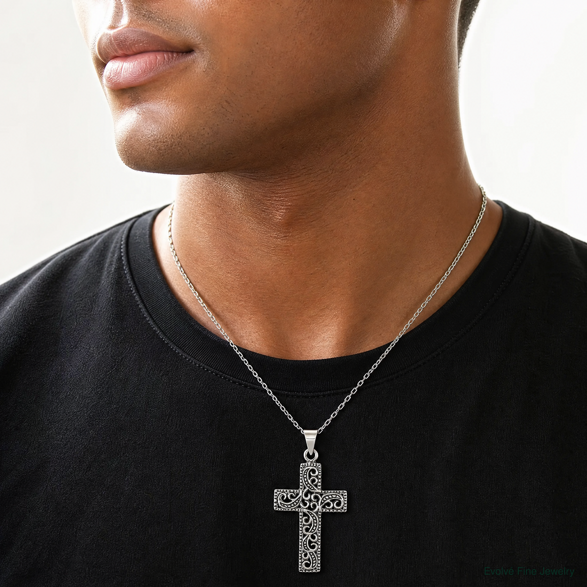 Sterling Silver Antiqued Scroll Cross Pendant - Model Shot